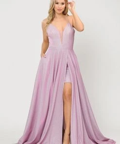 Long Metallic Glitter V-Neck Dress With Slit By Poly USA 8692 Prom