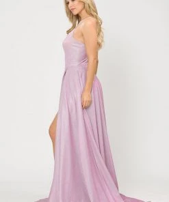 Long Metallic Glitter V-Neck Dress With Slit By Poly USA 8692 Prom
