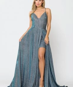 Long Metallic Glitter V-Neck Dress With Slit By Poly USA 8692 Prom