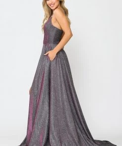 Long Metallic Glitter V-Neck Dress With Slit By Poly USA 8692 Prom