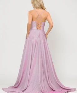 Long Metallic Glitter V-Neck Dress With Slit By Poly USA 8692 Prom