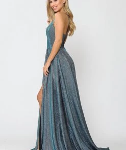 Long Metallic Glitter V-Neck Dress With Slit By Poly USA 8692 Prom
