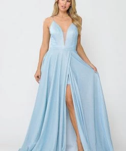 Long Metallic Glitter V-Neck Dress With Slit By Poly USA 8692 Prom