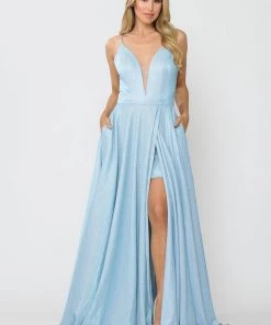 Long Metallic Glitter V-Neck Dress With Slit By Poly USA 8692 Prom