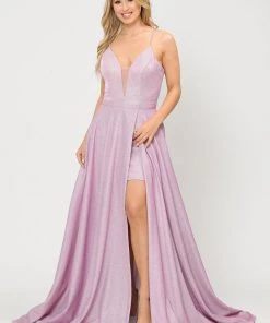 Long Metallic Glitter V-Neck Dress With Slit By Poly USA 8692 Prom
