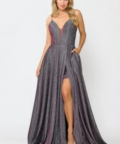 Long Metallic Glitter V-Neck Dress With Slit By Poly USA 8692 Prom