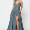 Long Metallic Glitter V-Neck Dress With Slit By Poly USA 8692 Prom