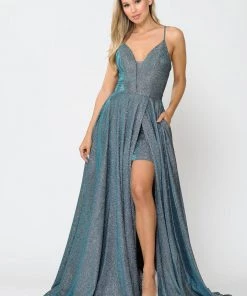 Long Metallic Glitter V-Neck Dress With Slit By Poly USA 8692 Prom