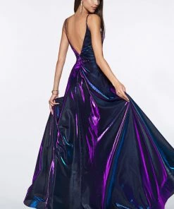 Long Metallic Iridescent A-line Dress By Cinderella Divine CJ506 Prom