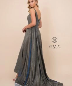 Long Metallic Satin V-Neck Ballgown-Style Dress By Nox Anabel R274