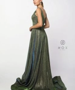 Long Metallic Satin V-Neck Ballgown-Style Dress By Nox Anabel R274
