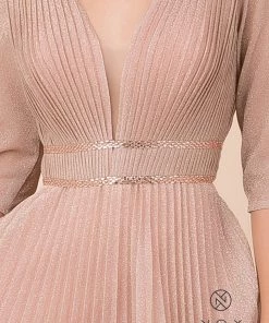 Long Metallic V-Neck Dress With Mid Sleeves By Nox Anabel M530