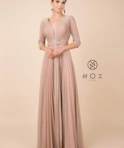 Long Metallic V-Neck Dress With Mid Sleeves By Nox Anabel M530
