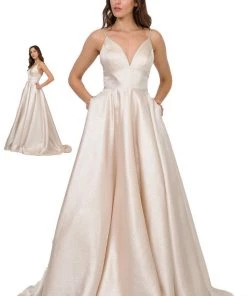 Long Metallic V-Neck Dress With Pockets By Poly USA 8358