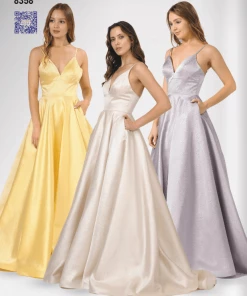 Long Metallic V-Neck Dress With Pockets By Poly USA 8358