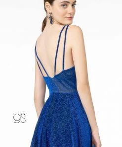 Long Metallic V-Neck Dress With Slit By Elizabeth K GL2997 Prom