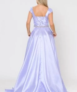 Long Mikado Cap Sleeve Dress With Corset Back By Poly USA 8702