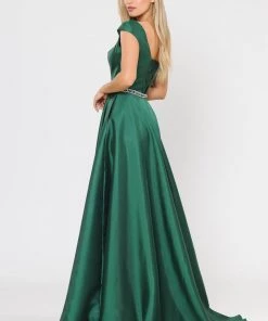 Long Mikado Cap Sleeve Dress With Corset Back By Poly USA 8702