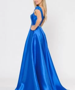 Long Mikado Cap Sleeve Dress With Corset Back By Poly USA 8702