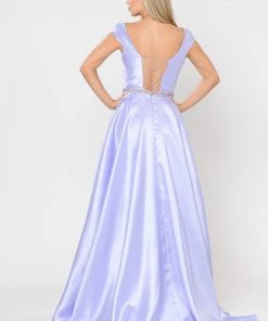 Long Mikado Cap Sleeve Dress With Corset Back By Poly USA 8702