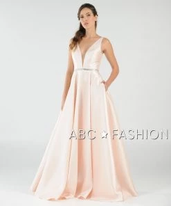 Prom Long Mikado V-Neck Dress With Side Pockets By Poly USA 7916