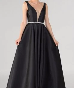 Prom Long Mikado V-Neck Dress With Side Pockets By Poly USA 7916