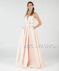 Prom Long Mikado V-Neck Dress With Side Pockets By Poly USA 7916