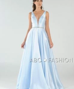 Prom Long Mikado V-Neck Dress With Side Pockets By Poly USA 7916