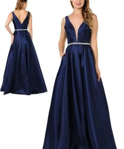 Prom Long Mikado V-Neck Dress With Side Pockets By Poly USA 7916