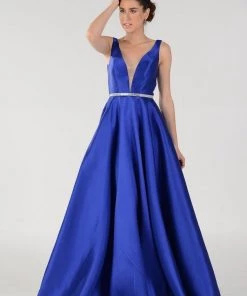 Prom Long Mikado V-Neck Dress With Side Pockets By Poly USA 7916