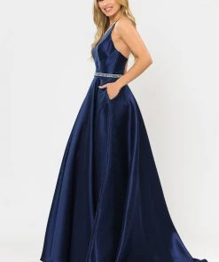 Prom Long Mikado V-Neck Dress With Strappy Back By Poly USA 8690 25 Prom Long Mikado V-Neck Dress With Strappy Back By Poly USA 8690