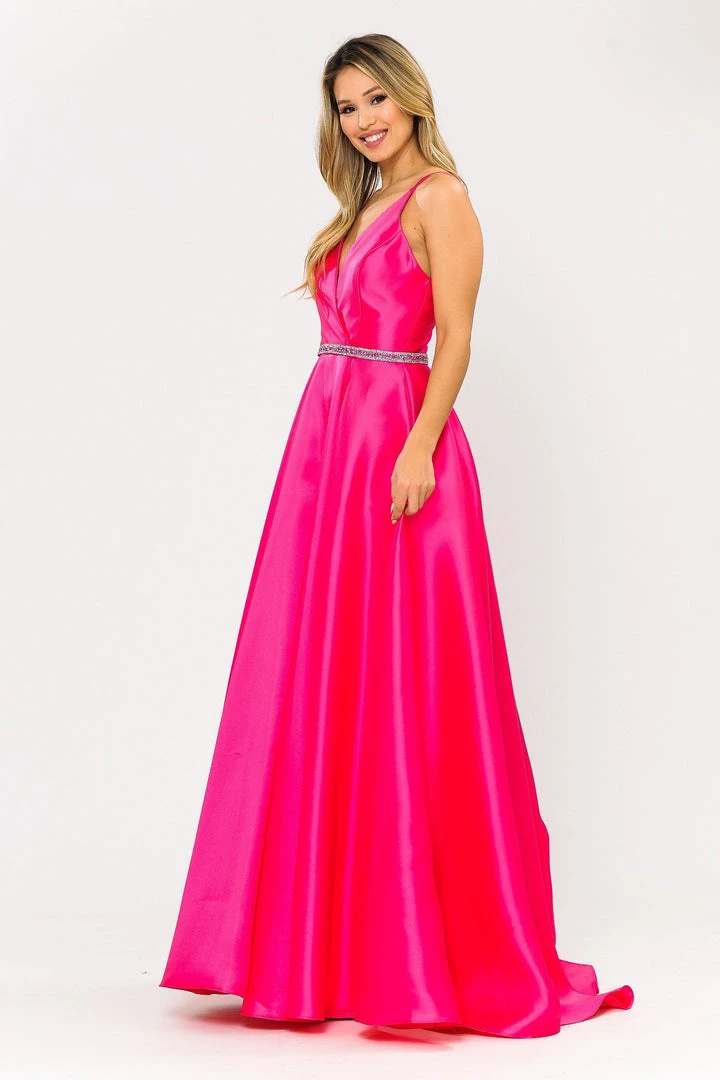 Prom Long Mikado V-Neck Dress With Strappy Back By Poly USA 8690 21 Prom Long Mikado V-Neck Dress With Strappy Back By Poly USA 8690
