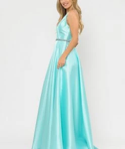 Prom Long Mikado V-Neck Dress With Strappy Back By Poly USA 8690 33 Prom Long Mikado V-Neck Dress With Strappy Back By Poly USA 8690
