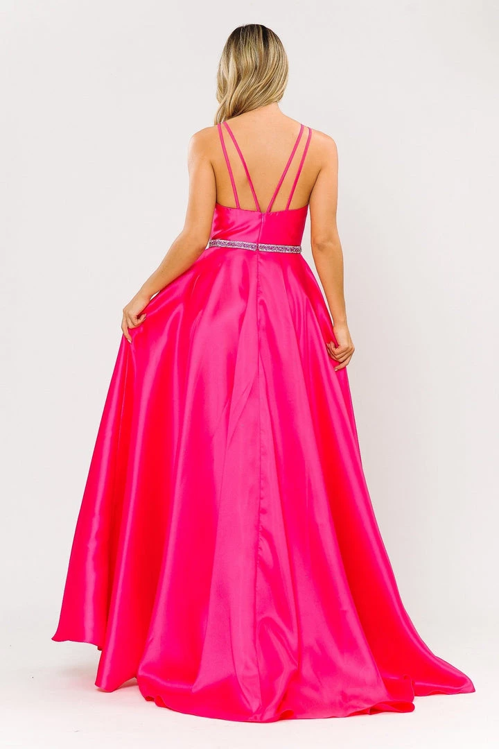 Prom Long Mikado V-Neck Dress With Strappy Back By Poly USA 8690 20 Prom Long Mikado V-Neck Dress With Strappy Back By Poly USA 8690