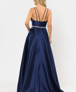 Prom Long Mikado V-Neck Dress With Strappy Back By Poly USA 8690
