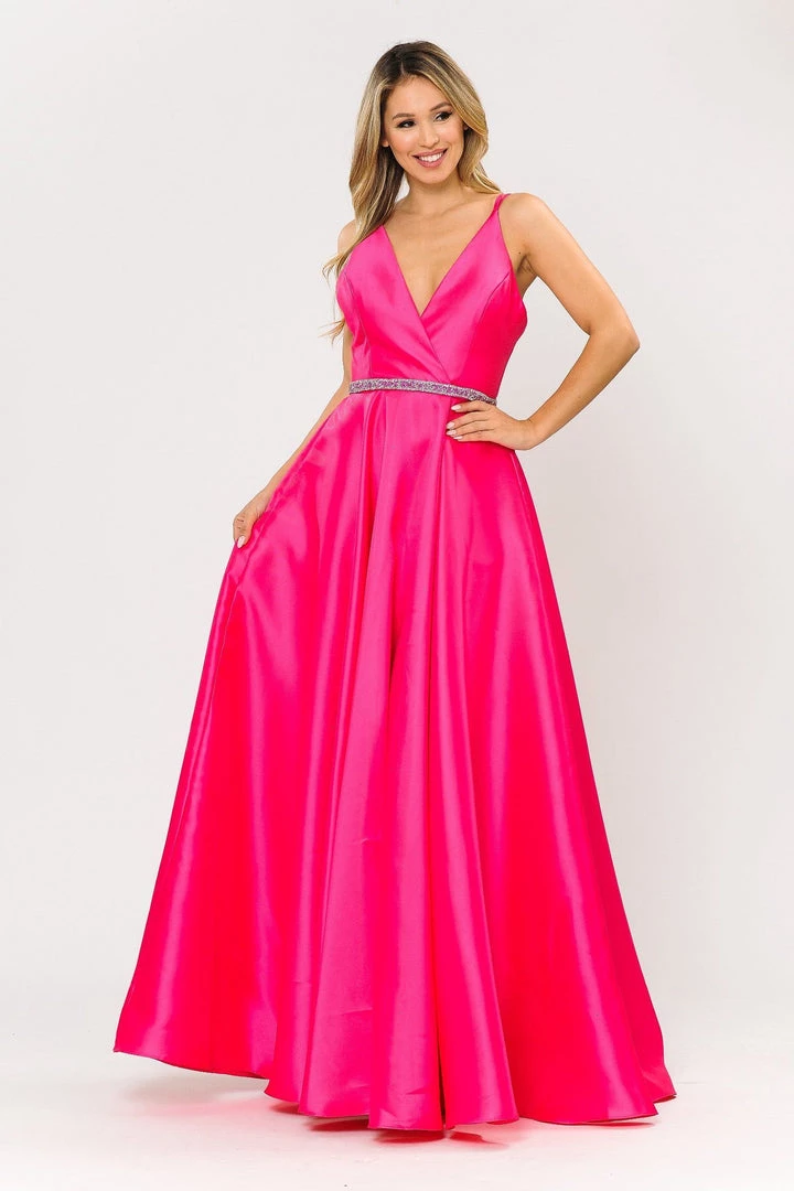 Prom Long Mikado V-Neck Dress With Strappy Back By Poly USA 8690 22 Prom Long Mikado V-Neck Dress With Strappy Back By Poly USA 8690