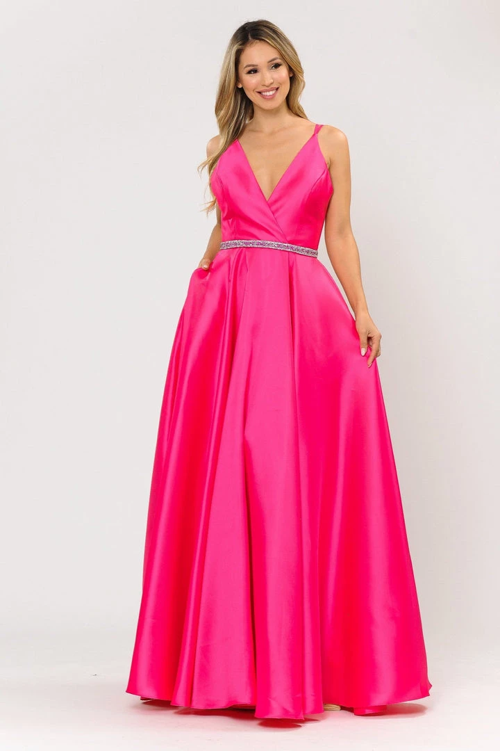 Prom Long Mikado V-Neck Dress With Strappy Back By Poly USA 8690 19 Prom Long Mikado V-Neck Dress With Strappy Back By Poly USA 8690