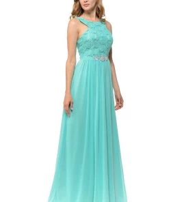 Long Mint Chiffon Dress With Lace Bodice By Lenovia