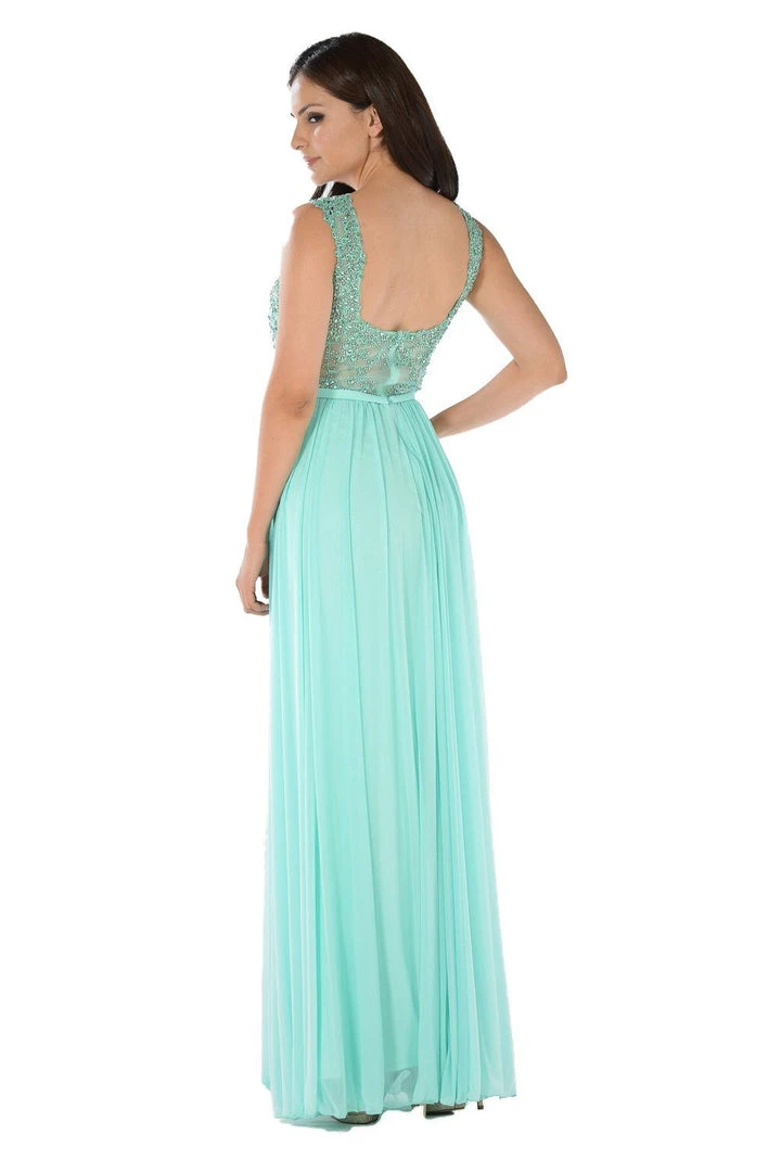 Long Mint V-Neck Dress With Beaded Bodice By Poly USA 4 Long Mint V-Neck Dress With Beaded Bodice By Poly USA