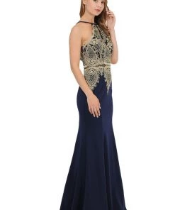 Long Mock Two-Piece Dress With Lace Appliques By Poly USA 8244 8 Long Mock Two-Piece Dress With Lace Appliques By Poly USA 8244