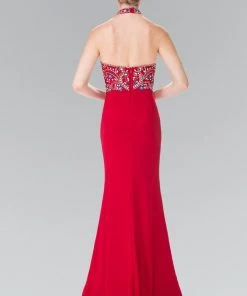 Long Multi-Color Beaded Illusion Halter Dress By Elizabeth K GL2279
