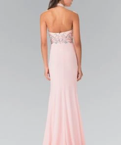 Long Multi-Color Beaded Illusion Halter Dress By Elizabeth K GL2279