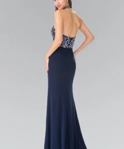 Long Multi-Color Beaded Illusion Halter Dress By Elizabeth K GL2279