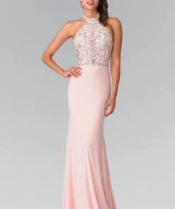 Long Multi-Color Beaded Illusion Halter Dress By Elizabeth K GL2279