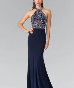 Long Multi-Color Beaded Illusion Halter Dress By Elizabeth K GL2279