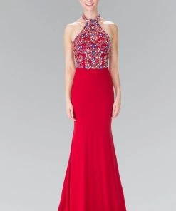 Long Multi-Color Beaded Illusion Halter Dress By Elizabeth K GL2279