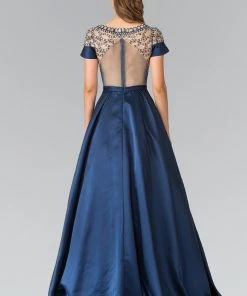 Long Navy Blue Bead Embellished Gown By Elizabeth K GL2215 Prom
