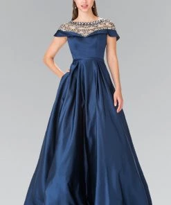 Long Navy Blue Bead Embellished Gown By Elizabeth K GL2215 Prom