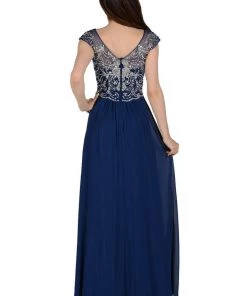 Long Navy Blue Cap Sleeve Dress With Jeweled Bodice By Poly USA