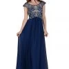 Long Navy Blue Cap Sleeve Dress With Jeweled Bodice By Poly USA